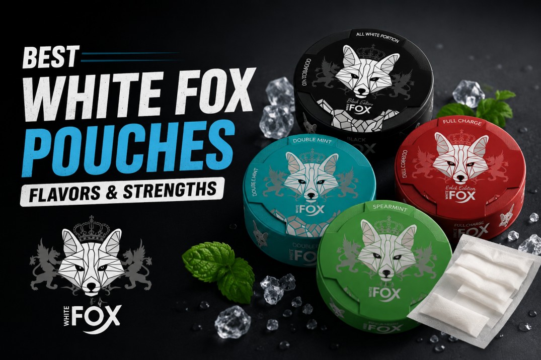 Five White Fox nicotine pouch cans lined up showing Black Edition, Double Mint, Full Charge, Mint Slim, and Peppered Mint
