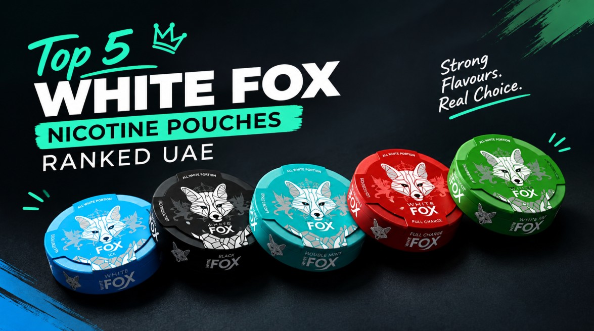 Five White Fox nicotine pouch cans ranked side by side showing Black Edition, Double Mint, Full Charge, Mint Slim, and Peppered Mint